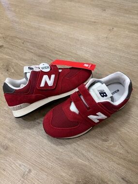 ⚡️New Balance 574 Kids Red Velcro leather Sneakers with White N Accent